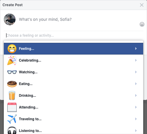 HOW ARE YOU FEELING? The Feeling/Activity feature allows users to be more specific about their mood or activities when posting status updates. Its 2019 version has been updated with new emoji designs. Screenshot by Rappler 