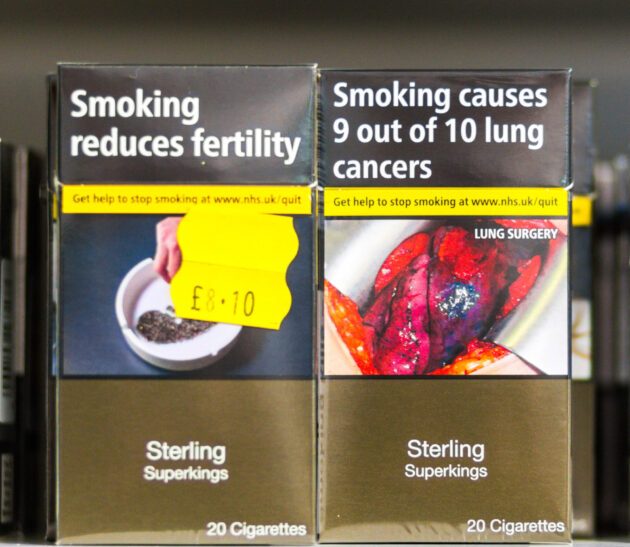 PACKAGING. The health warnings on UK cigarette packaging are in line with the WHO treaty. Photo courtesy of Alamy 