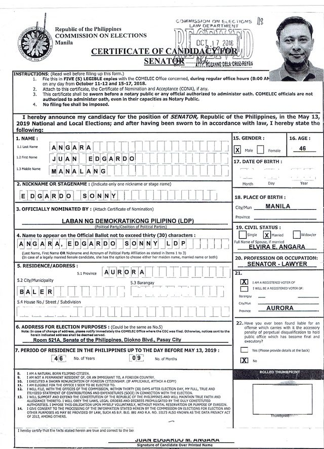 Certificate of Candidacy of Senator Juan Edgardo Angara for the 2019 polls  