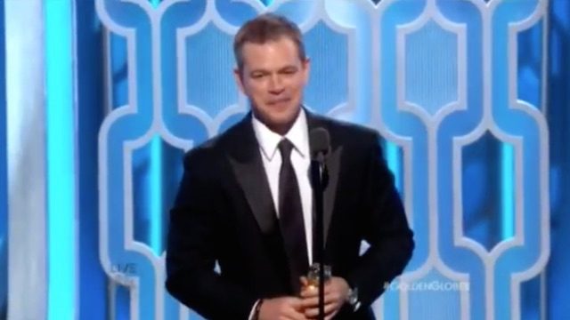 GOLDEN GLOBES 2016. Matt Damon memenangkan kategori aktor film komedi atau musikal terbaik. Foto dari YouTube/GoldenGlobes Live 