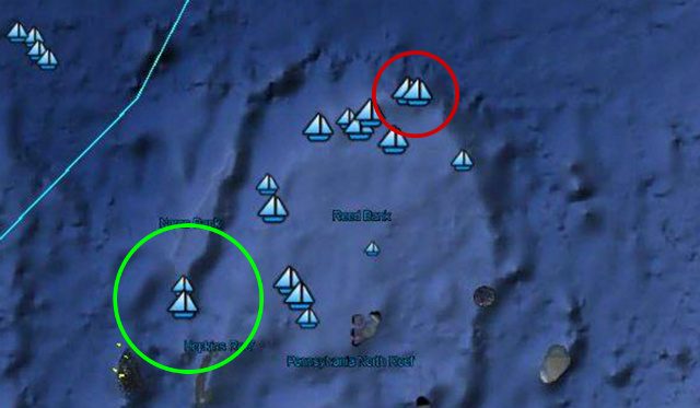 KILOMETERS APART. The two encircled boat-icons are the ones closest to each other in this Google Earth image. In each circle, the boat icons are around 3 to 5 nautical miles (7 to 9 kilometers) apart. Screenshot from Jay Batongbacal 
