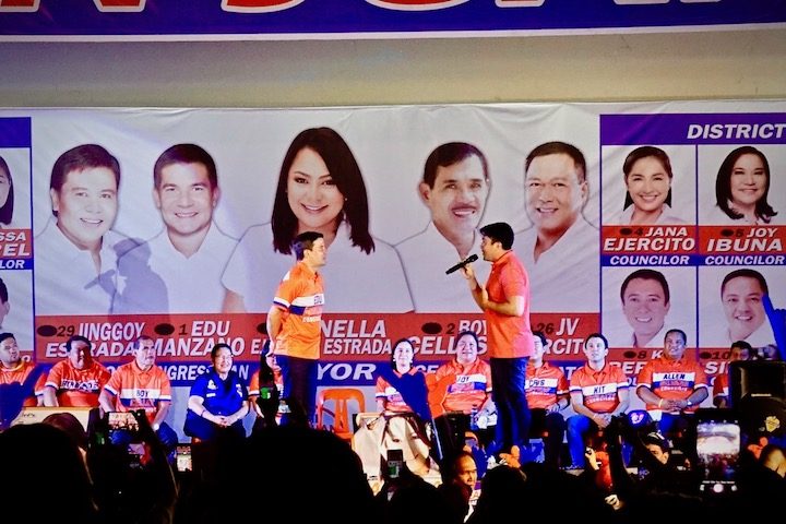 SON'S SUPPORT. Edu Manzano is introduced by his son Luis Manzano at the proclamation rally of Team One San Juan. Photo by Rambo Talabong/Rappler 