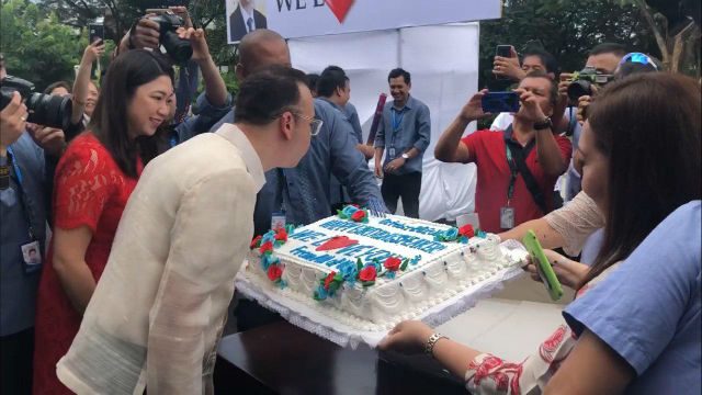 BIRTHDAY WISH. Speaker Alan Peter Cayetano blows his birthday cake as his wife and Taguig City-Pateros 2nd District Representative Lani Cayetano stands by him on October 28, 2019. Photo by Mara Cepeda/Rappler