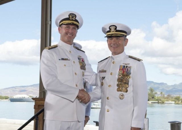 NEW CHIEF: US Navy chief of naval operations Admiral Jonathan Greenert with new US Pacific Command chief Admiral Harry Harris Jr. Petty Officer 1st Class Jay Chu, US Pacific Command 