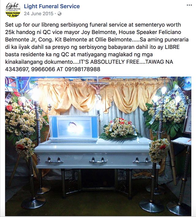 FOR FREE? Posts on the official Facebook page of Light Funeral advertise 'free' funeral services. Screenshot from Light Funeral Service Facebook page    