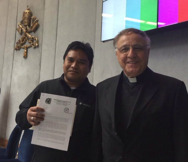 PASSIONISTS. Father Rey Ondap holds his letter to Pope Francis as he stands beside Vatican press office vice director and fellow Passionist, Father Ciro Benedettini. Photo from Ondap 