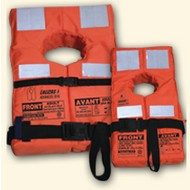 LIFE VESTS. Examples of adult and child life vests that are compliant to the Convention of Safety of Life at Sea. 