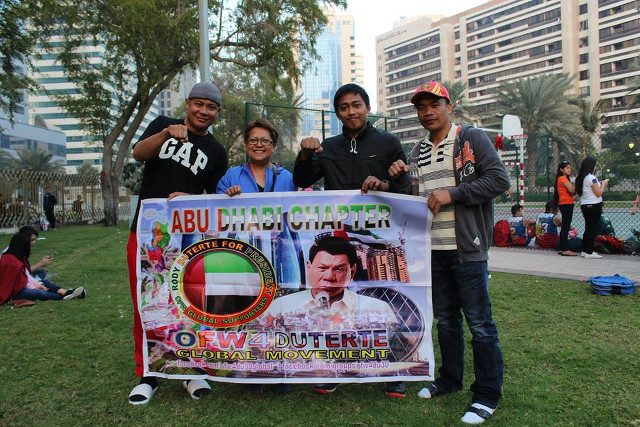 ROOTING FOR RODY. OFWs in Abu Dhabi declare their support for the Davao City mayor. Photo from Rody Duterte Supporters OFW Global Movement Facebook group  