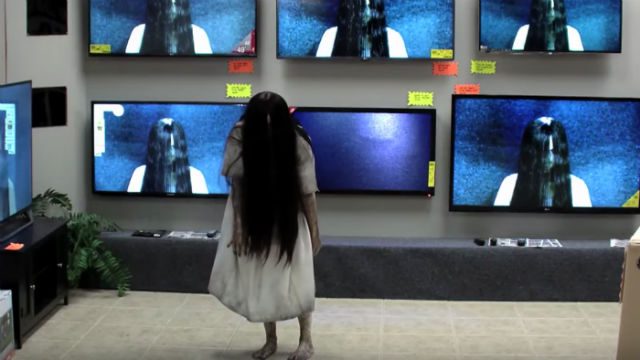 RINGS. Samara climbs out of the television and scares unsuspecting shoppers in a promotional video for the film. Screengrab form YouTube/ BD Horror Trailers and Clips 