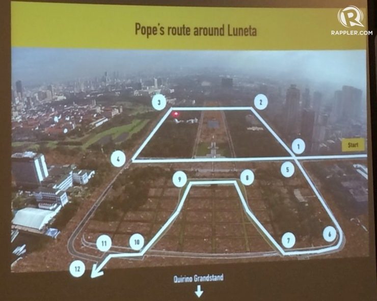 Pope Francis, through the Vatican, asks the Philippine government to change his route during the January 18 Mass in Luneta. Instead of a "U"-shaped route around Luneta (as seen in the photo), the Pope will go around in an "S" shape so he can interact with more people. Rappler photo