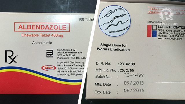 ALBENDAZOLE. This deworming medicine shown to reporters on Thursday, July 30, will expire in August 2016. Photo by Jee Geronimo/Rappler 