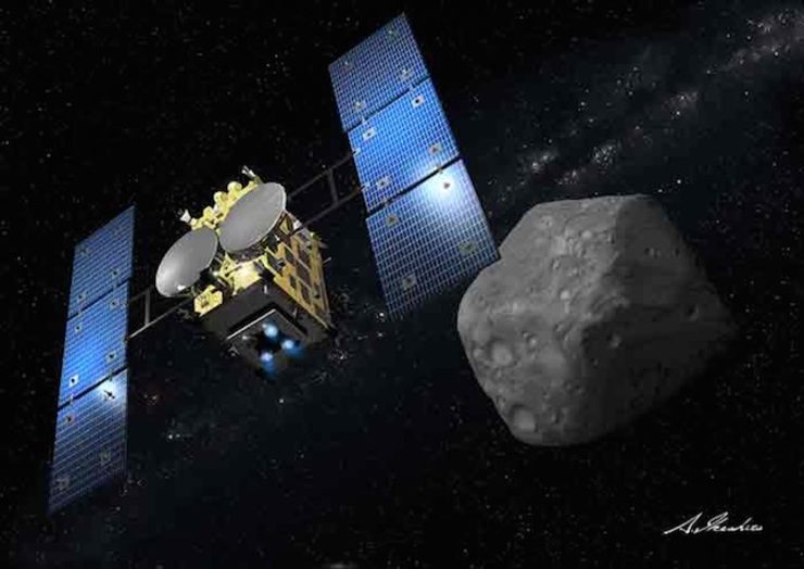 Artist's impression of Hayabusa-2 probe during a rendezvous with the 1999JU3 asteroid. Image courtesy JAXA