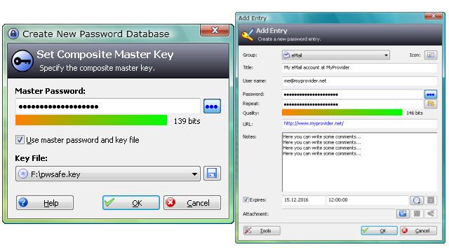 LOGIN AND ADD ENTRY. Sample KeePass Screenshots of the Master Password entry form and the Database entry form.