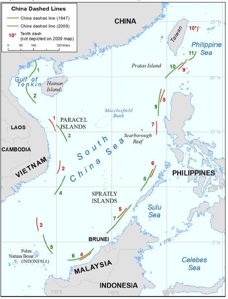 NO BASIS. Legal scholars worldwide say China's 9-dash line is ambiguous and has no legal basis. Map courtesy of the US State Department 