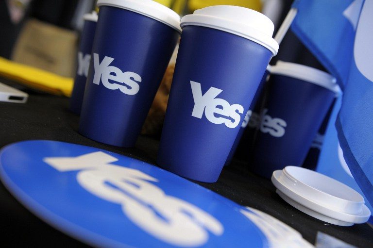 Pro-independence merchandise is displayed at the at the SNP Spring Conference at the Aberdeen Exhibition & Conference Centre in Aberdeen on April 12, 2014. Andy Buchanan/AFP