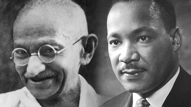 GANDHI AND MLK. Mahatma Gandhi and Martin Luther King Jr espoused active, non-violent means of protest in their respective campaigns for freedom. 