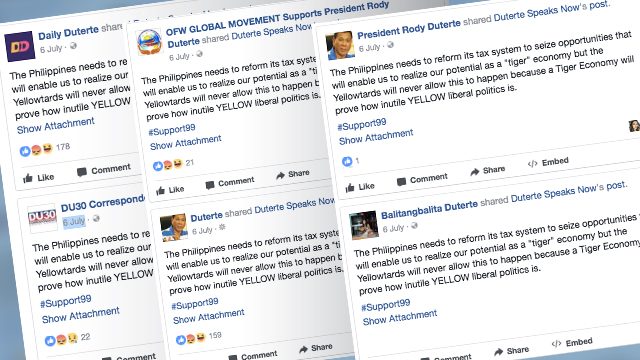IDENTICAL POSTS. Several pro-Duterte pages shared the exact same video with the exact same hashtag and false allegation. Screenshots from Facebook 