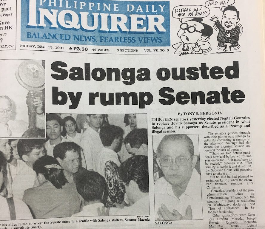 COUP. The Philippine Daily Inquirer article on the ouster of then Senate president Jovito Salonga, prompting a mace chase. Photo by Camille Elemia 