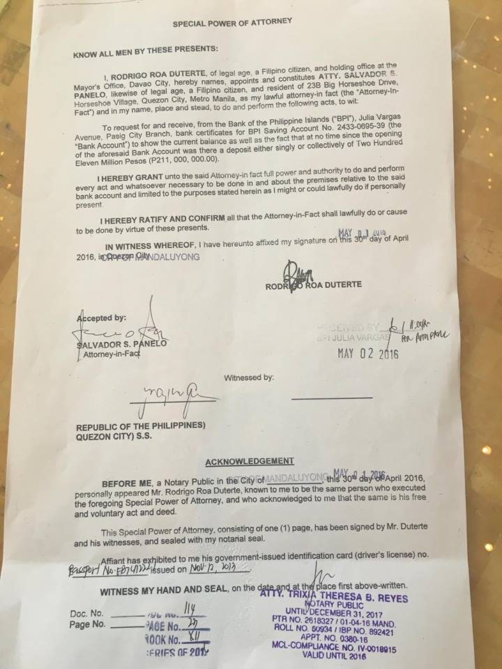 Special Power of Attorney signed by Rodrigo Duterte and Salvador Panelo. Photo from Duterte staff 