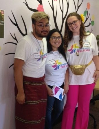 Gilbert Gammad, Llowellyn Sunga and Kat Haueter roll out welcome to San Mateo Pride Center. Photo from Cherie Querol Moreno 