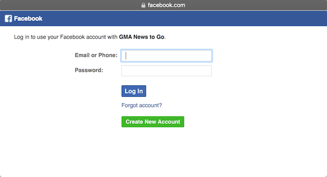 Screenshot of log-in window to use a Facebook account with a supposed 'GMA News to Go' app 