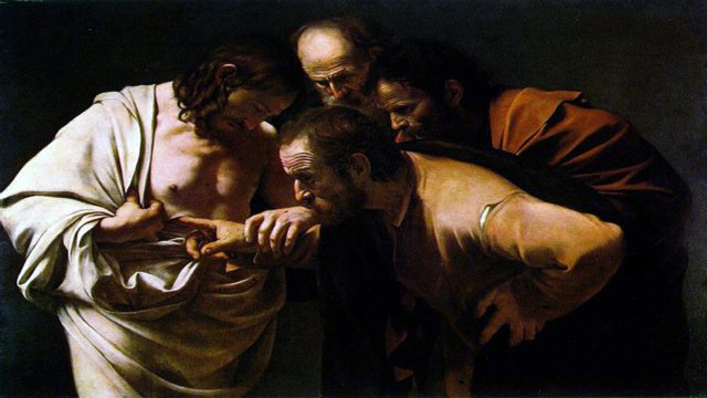 DOUBTING THOMAS BY CARAVAGGIO: Jesus is often depicted with pierced hands in religious art. Image from Wikimedia Commons.