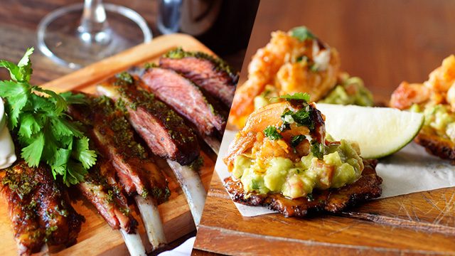 SAVORY. Begin your South American journey with lamb ribs at Pampas Latino Bistro & Bar (left) and shrimp patacones at Naxional South American Diner 