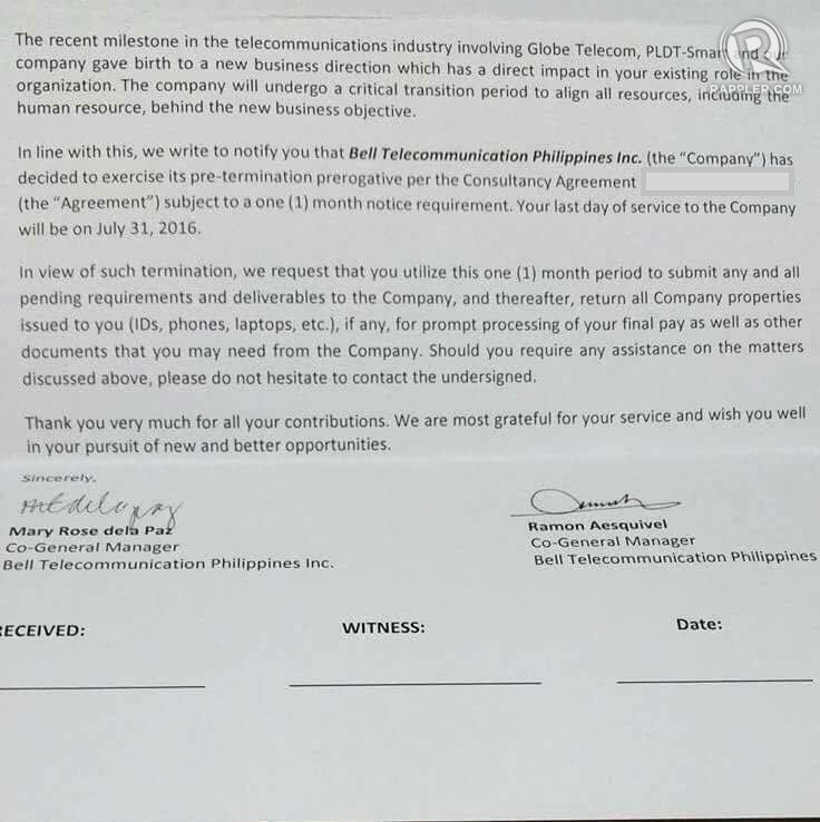 A copy of the termination letter obtained by Rappler 
