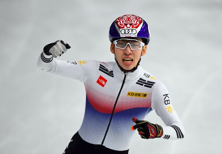 WINNER. In this file photo, Lim Hyo-Jun of South Korea celebrates victory during the men's 5000m relay final event at the ISU World Cup Short Track Speed Skating in Seoul on November 19, 2017. Photo by Jung Yeon-Je/AFP  