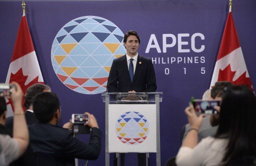 MEET THE PRESS. Canadian Prime Minister Justin Trudeau takes questions from Canadian and Filipino journalists at the APEC International Media Center on Thursday, November 19. Photo by Noel Celis/AFP 