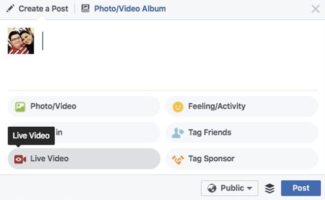 LIVE VIDEO. A new button should be available for all users to begin video streaming on their Facebook user profiles 