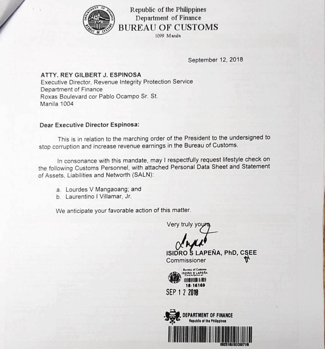 PROBE REQUESTED. BOC chief Isidro Lapeña asks for a lifestlye check on Lourdes Mangaoang. Sourced photo 
