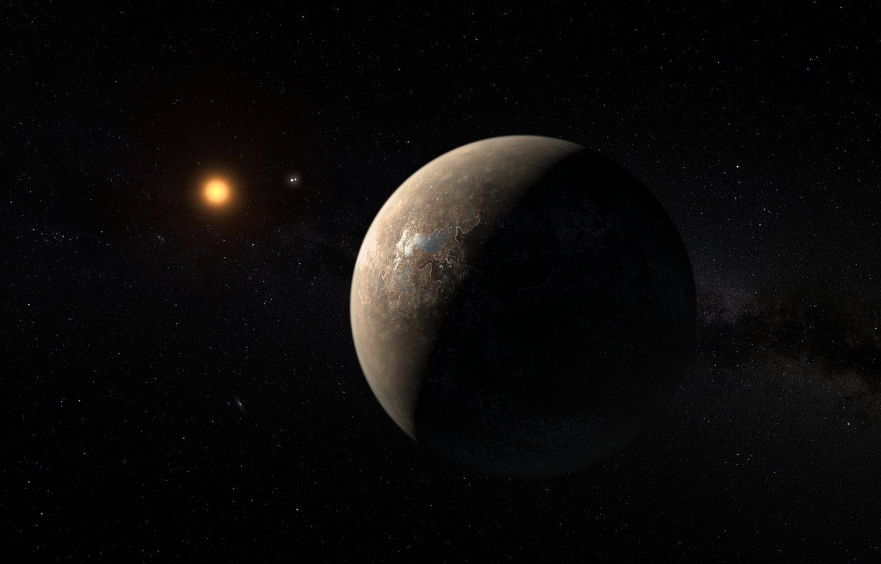 PROXIMA B. This artist's impression shows the planet Proxima b orbiting the red dwarf star Proxima Centauri, the closest star to the Solar System. The double star Alpha Centauri AB also appears in the image between the planet and Proxima itself. M. Kornmesser/ESO 