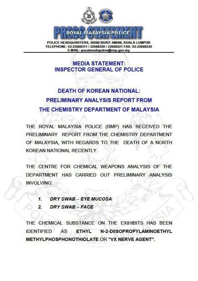ZAT VX. Rilis dari kepolisian Malaysia soal temuan awal zat kimia yang ditemukan di bagian wajah dan mata jasad Kim Jong-Nam. Foto dari kepolisian Malaysia 