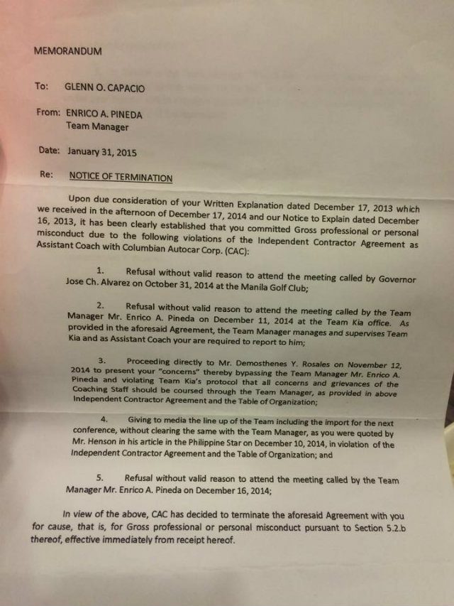 Page 1 of the termination memo given to Glenn Capacio. 