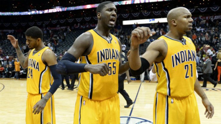 With Paul George (L) out of the picture, Roy Hibbert (C) and David West (R) will have to shoulder Indiana’s burden. Photo by Erik S. Lesser/EPA