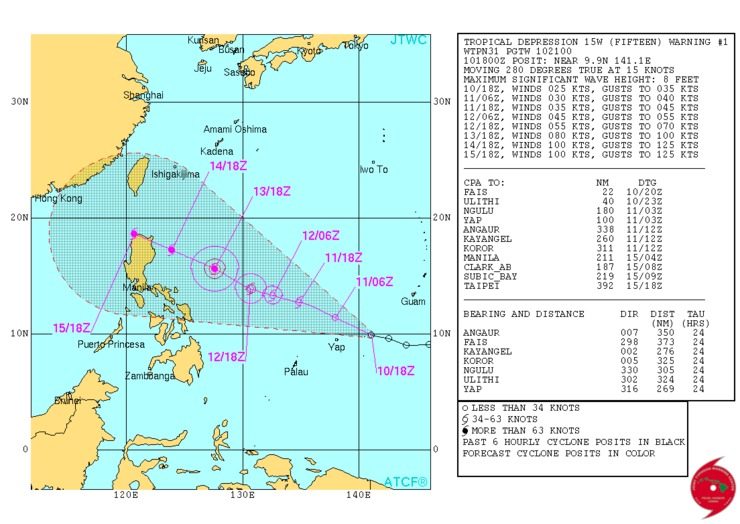 Tropical Depression 15W (Fifteen) Warning 01 Issued at 10/2100Z. US JTWC