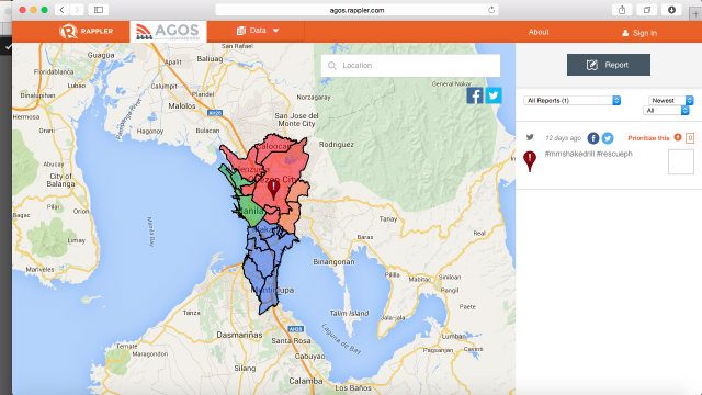 SEPARATED. Metro Manila is divided into four quadrants for effective earthquake disaster response. Screen grab of Agos map by Lou Gepuela / Rappler 
