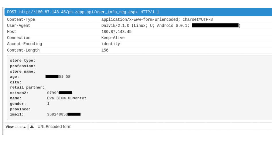 MYPHONEREGISTRATION APP. In this screenshot, personal data is seen being transmitted unencrypted. Screenshot from mitmproxy provided by Privacy International  