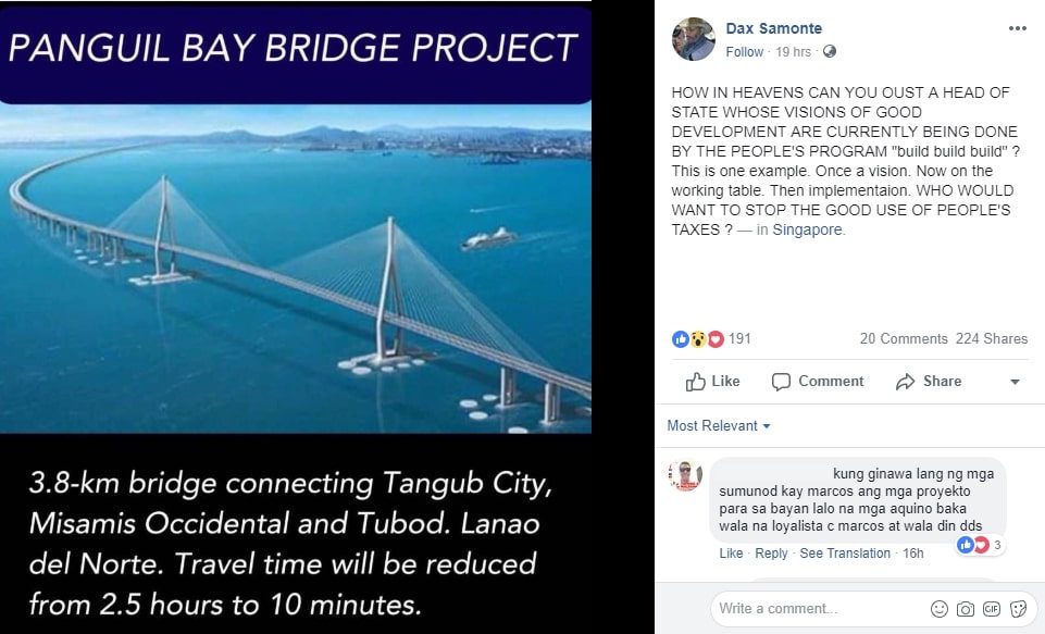MISLED. Just like the DPWH, a Facebook user posted a wrong concept photo of the Panguil Bay Bridge.  