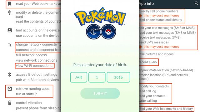 POKEMON GO PERMISSIONS. The permissions for the malware-filled version are much farther-reaching than the official download. Screen shots from ProofPoint. 