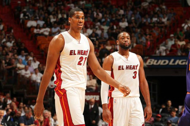 The emergence of Miami's Hassan Whiteside (L), seen here with teammate Dwyane Wade (R), has been one of the season's few bright spots. Photo from the Miami Heat Official Facebook page  
