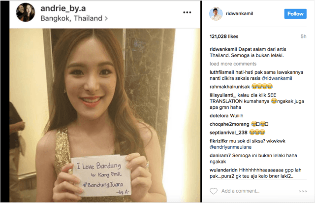 MINTA MAAF. Setelah mengunggah foto aktris Thailand Punpun Sutatta dengan tulisan "Semoga ia bukan lelaki", Ridwan Kamil meralatnya dan meminta maaf. Foto diambil dari screenshot Instagram/@ridwankamil 