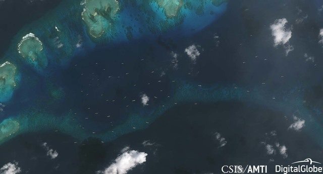CHINESE SHIPS. Dozens of Chinese vessels are seen near Pag-asa Island (Thitu Island) after the Philippines begins constructing there. Photo courtesy of CSIS/AMTI/DigitalGlobe 