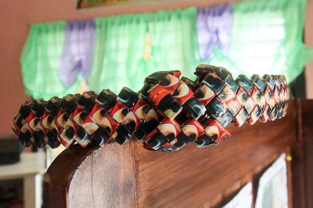 'COFFEE' BELT. A belt made from recycled coffee packaging on display, created by the women of Barangay Santiago, Gingoog City.   