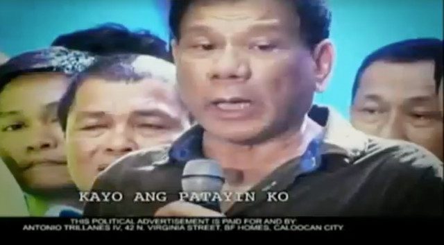 ANTI-DUTERTE. An advertisement attacking President Rodrigo Duterte was aired on ABS-CBN in 2016, paid for by his political enemy Antonio Trillanes IV. Screenshot from Facebook video 