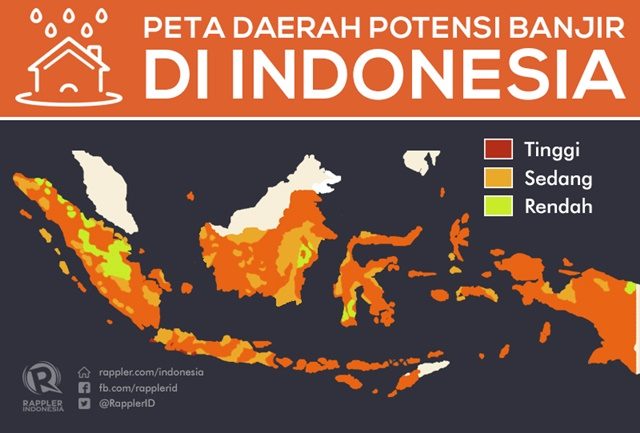 BANJIR INDONESIA. Peta yang menggambarkan potensi banjir di wilayah di seluruh Indonesia. Terlihat hampir seluruh area berpotensi tinggi banjir. Ilustrasi oleh Adinda Maya/Rappler 