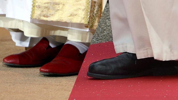 Pope Benedict XVI's red shoes and Pope Francis' black shoes. Photos from EPA