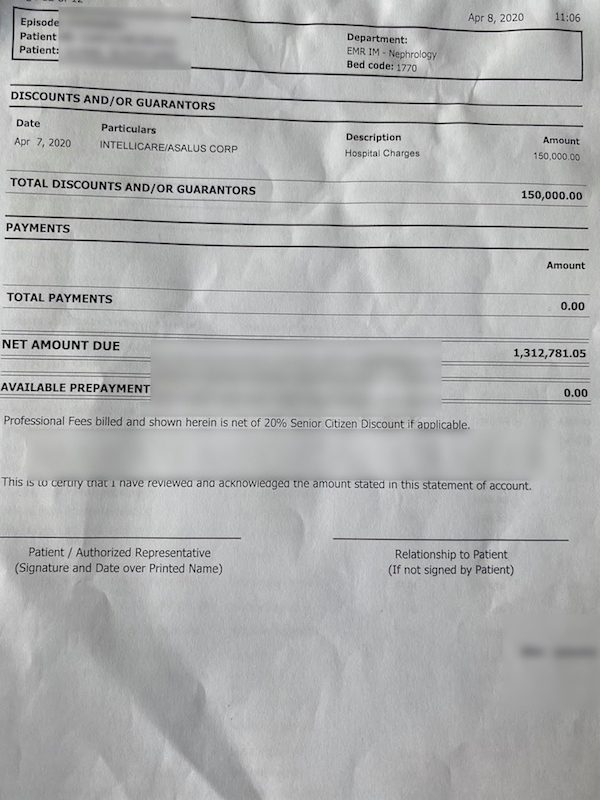 TOTAL COST. A copy of Julieta Alunan's hospital bill for her coronavirus treatment. Courtesy of Julieta Alunan 