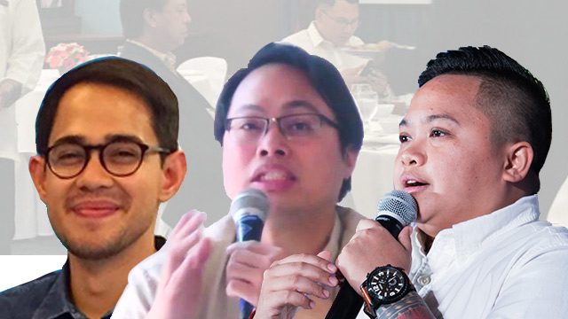 FORMER NYC REPRESENTATIVES. Former NYC chairpersons (L-R) Gio Tingson, Leon Flores, and Ice Seguerra call for an 'outright dismissal' of Duterte Youth chair Ronald Cardema's congressional bid. File photo of Tingson and Flores by Rappler; Photo of Seguerra by Martin San Diego/Rappler  